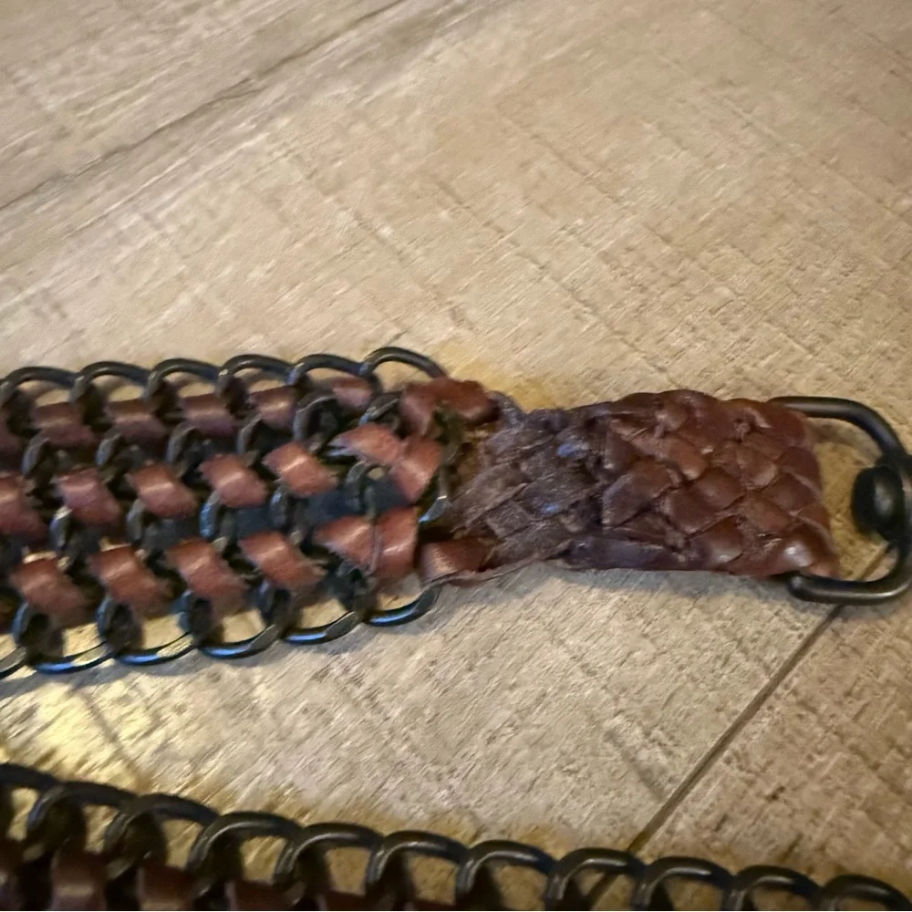 VTG brown leather brass Chain Belt hook closure estimated S M boho western